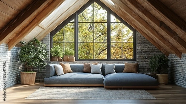 Fototapeta Modern attic living room design featuring a gray modular sofa, large windows, and warm accent pillows.