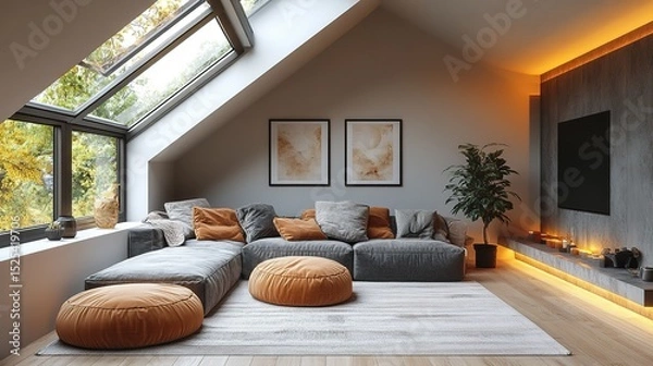 Fototapeta Modern attic living room design featuring a gray modular sofa, large windows, and warm accent pillows.