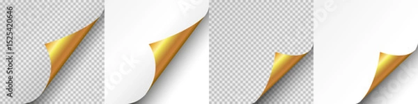 Obraz Blank page with curled edge corner and shadow, rolled up stickers, peel banners, bent sheet, curled page corner isolated on transparent and white background, page curl with shadow on blank sheet