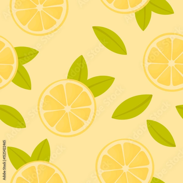 Obraz Seamless pattern of lemon slices with leaves on a yellow background. Lemon slices with mint leaves. Lemonade pattern
