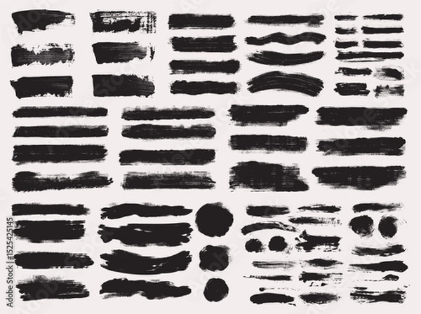 Fototapeta Big set of ink brush stroke. Grunge paint brush, frame, bold line, box. Torn paint edges, watercolor splash, or dirty high detail texture set. Black silhouette, banner clip art vector design element.