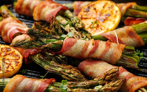 Fototapeta Grilled Bacon Wrapped Asparagus in iron cast pan