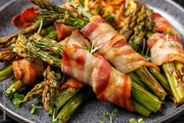 Fototapeta Grilled Bacon Wrapped Asparagus in a plate