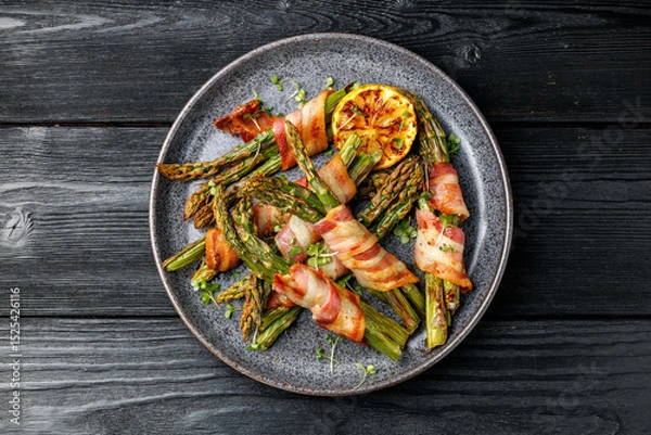 Fototapeta Grilled Bacon Wrapped Asparagus in a plate