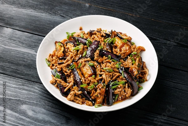 Fototapeta Chinese Eggplant stir fry with minced pork and garlic sauce