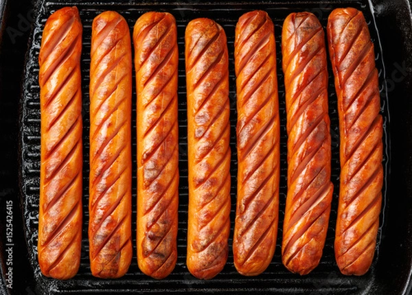 Fototapeta Grilled sausages served in a rustic cast iron pan