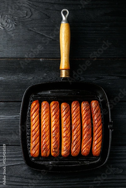 Fototapeta Grilled sausages served in a rustic cast iron pan