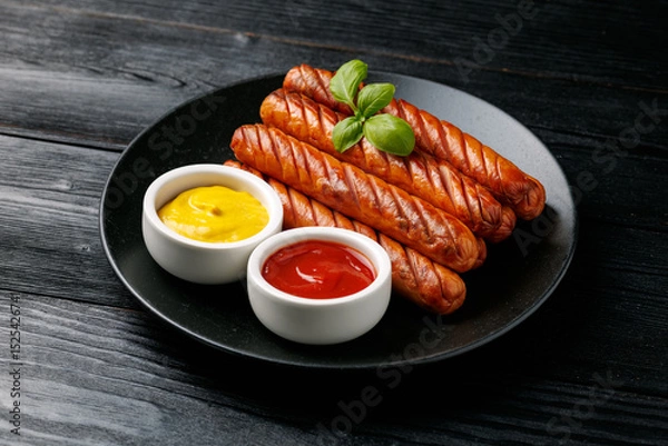 Fototapeta Grilled sausages served with mustard and ketchup