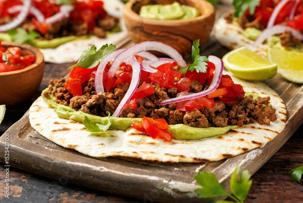 Fototapeta Tasty Beef Tacos with guacamole, tomato, onion and sauce. Tortilla Fast Food.