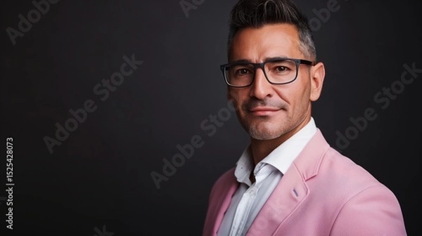 Fototapeta perfectly composed portrait of a businessman wearing glasses and a sleek pink e suit 