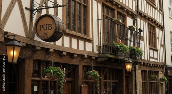 Fototapeta Charming medieval pub exterior with timber framing and hanging barrel sign
