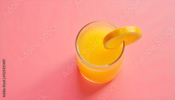 Obraz A refreshing glass of orange juice with a juicy orange slice on the rim, isolated against a vibrant pink background, creating a bright and summery visual.
