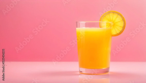 Obraz A refreshing glass of orange juice with a juicy orange slice on the rim, isolated against a vibrant pink background, creating a bright and summery visual.
