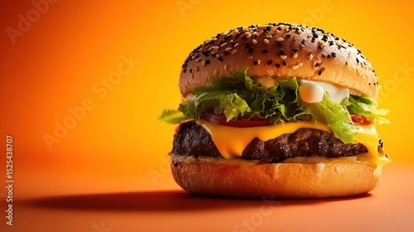 Fototapeta Juicy Hamburger with Sesame Bun, Melted Cheese, and Lettuce on Orange Background – Dramatic Food Photography, layers of beef, lettuce, cheese, and oozing sauce,