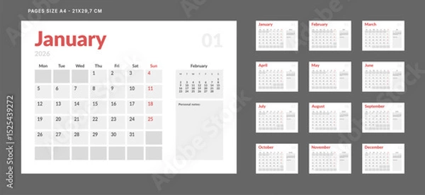 Fototapeta 2026 Calendar Planner Set of Template 12 Monthly Page for Company or Personal use. Vector layout of a wall or desk organizer with week start Monday for print. Page for size A4-21x29.7cm