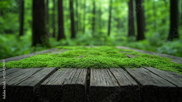 Fototapeta Close-up of vibrant green moss covering a weathered wooden surface, showcasing rich natural texture and organic detail. Vertical composition ideal for nature, design, or eco-themed visuals.

