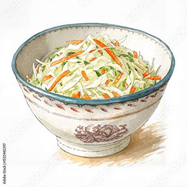 Obraz Hand-drawn coleslaw in a vintage bowl in retro line art style for classic recipe illustration or nostalgic menu design

