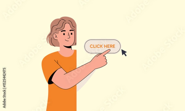 Obraz Person Clicking "Click Here" Button. An illustration of a person pointing and clicking on a "Click Here" button, symbolizing online interaction, calls to action, and digital navigation.
