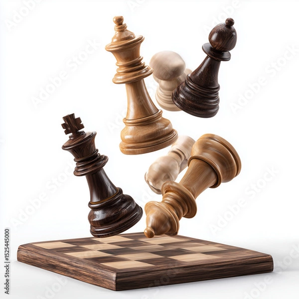 Fototapeta Dramatic Chess Pieces Falling on the Board , isolated on white background png