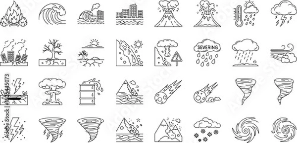 Fototapeta Disaster, weather hazard line icon set. Vector pictograms of natural and environmental calamities, wildfire, earthquake, tornado, flood, tsunami, volcanic eruption, blizzard thin linear illustratio.