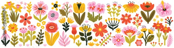 Fototapeta Floral collection with flowers, leaves for your design. Hand drawn set. Vector illustration.