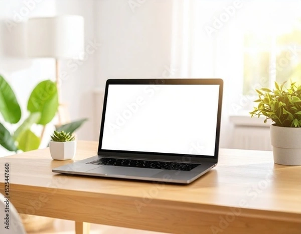 Fototapeta Laptop with Blank Screen on Wooden Desk with Plants and Lamp in Bright Room