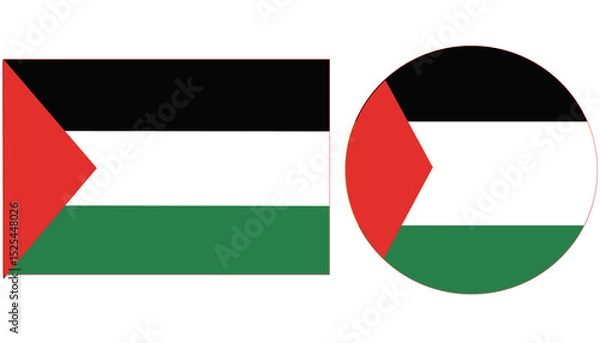 Obraz Palestine Flag, Palestine National flag has tricolor of 03 equal horizontal stripes black, white and green from top to bottom overlaid by red triangle from the hoist. Rounded and Rectangular flag.