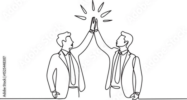 Fototapeta Continuous single line simple line art of business people high-fiving to celebrate teamwork and success in office setting

