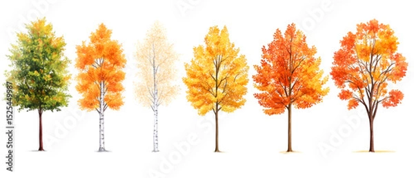 Obraz Collection of Seasonal Tree Progression Watercolor Illustration of Autumnal Foliage Changes