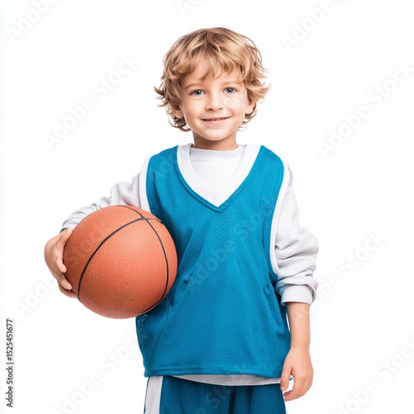 Fototapeta Young Child in Basketball Uniform with Ball , isolated on white background png