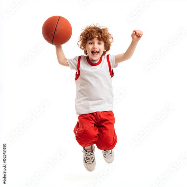 Fototapeta Excited Child Jumping with Basketball , isolated on white background png