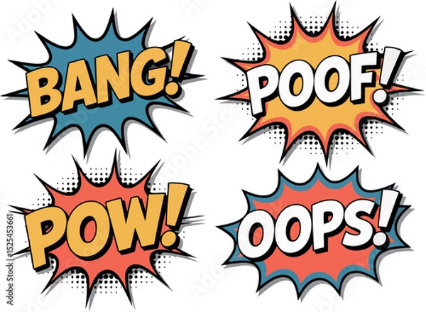 Fototapeta four dynamic comic book sound effect bubbles. Words like "BANG!", "POOF!", "POW!", and "OOPS!" are displayed in stylized bursts. 