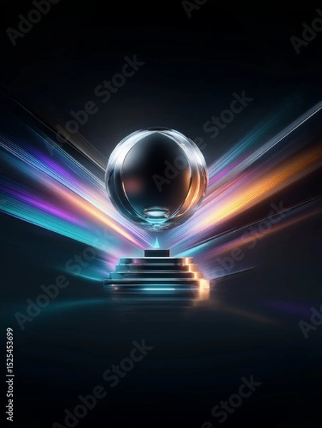 Obraz Sphere abstract background design features light trails and a reflective ball on a pedestal in a dark studio setting