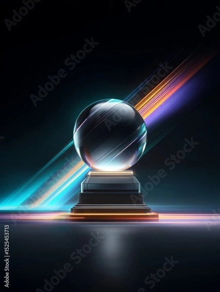 Obraz Glass ball design shines with light streaks on a pedestal against a dark background for abstract wallpaper