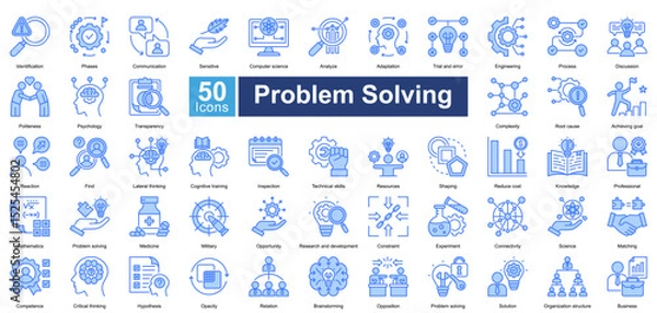Fototapeta Problem Solving icon set contains 50 icons including, cognitive training, inspection, technical skills, resources, shaping, reduce cost, knowledge, simple vector blue style