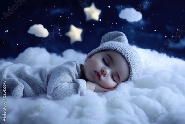 Obraz Sweet dreams for babies in a cozy cloud setting under a starry night sky, Lullaby For Babies Photo template ing sleep on cloud, relax and nice dream on night quality