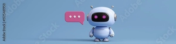 Obraz A robot is standing on a blue background with a pink speech bubble that says "hello". The robot has a purple face and is wearing a blue suit. Concept of technology and futuristic elements