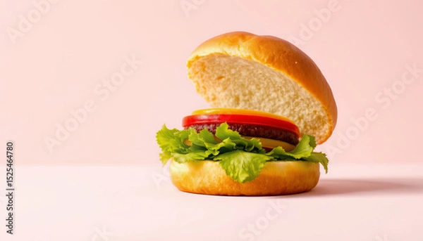 Obraz Fresh open faced hamburger with lettuce, tomato, cheese, and beef patty on soft bun