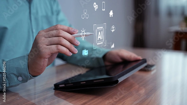 Fototapeta ฺBusinessperson interacting with AI-generated digital icons above a tablet screen. The image represents artificial intelligence, app integration, and modern digital tools.