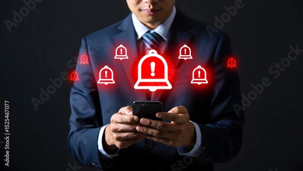 Obraz Businessman checking alerts and notifications on a mobile phone showing urgent information