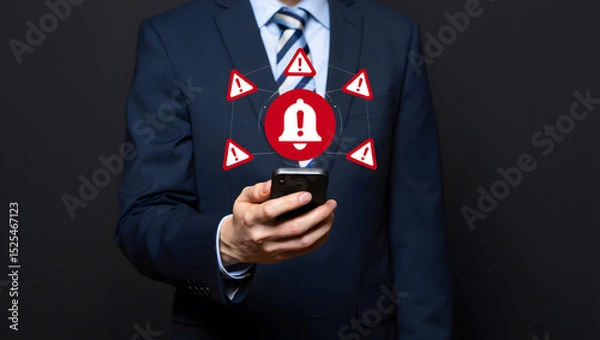Obraz Businessman holding smartphone with a warning notification and attention alerts concept
