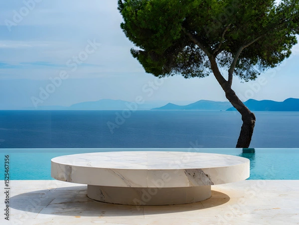 Obraz Luxurious marble table near an infinity pool overlooking the ocean and island scenery