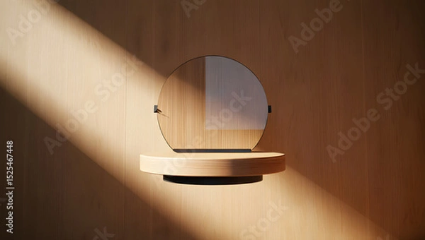 Obraz Minimalist wooden mirror and floating shelf displayed against a wooden wall with light