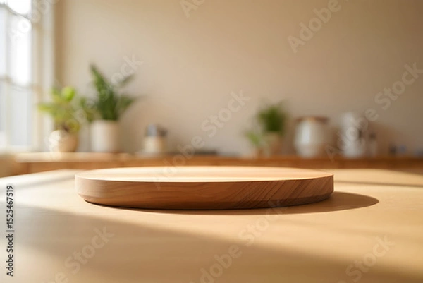 Obraz Wooden round display platform mockup in soft daylight for product presentation or advertisement