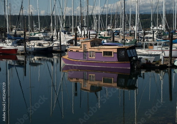 Obraz Purple boathouse docked in the middle of Boat Haven
