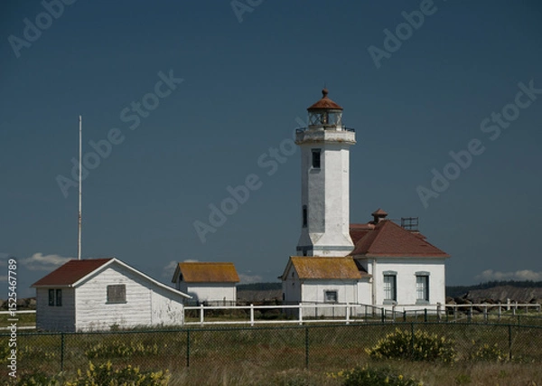 Fototapeta Point Wilson Lighthouse surrounded by grass field and mesh fence