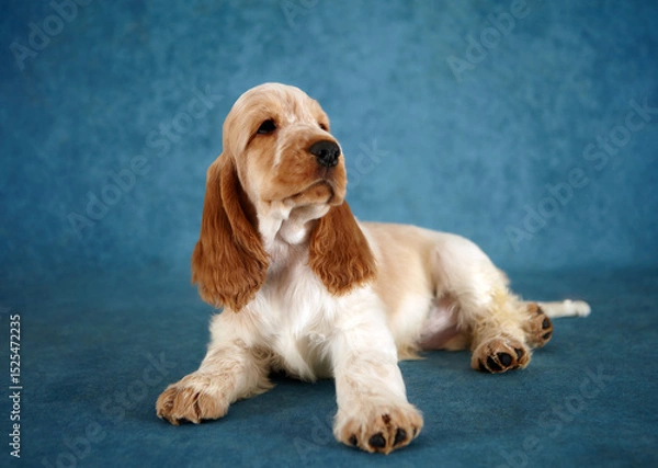 Fototapeta Portrait of an English Cocker Spaniel puppy.  The dog is lying down. The head is turned to the right. The color is orange roan. Age 2 months.
