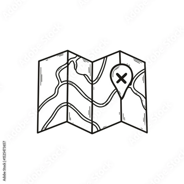 Fototapeta Hand-drawn folded map with marked location for travel and adventure illustrations