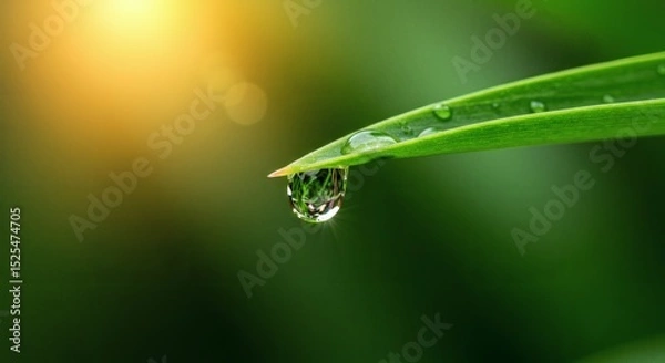 Obraz Water Drop on Leaf Natures Tiny Mirror Reflecting Sunlights Glow.