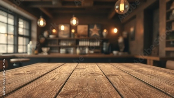 Fototapeta Rustic wooden table in dimly lit room offers a surface for product presentation with a warm ambiance